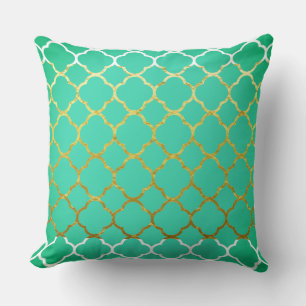 Quatrefoil Teal Blue Gold Seafoam Green White Throw Pillow
