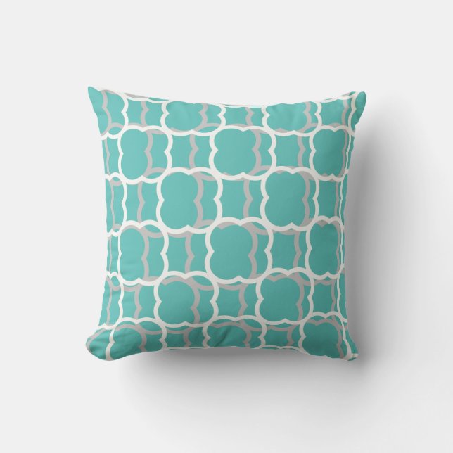 Quatrefoil Teal Blue Grey Gray White Patterns Gift Outdoor Pillow (Front)