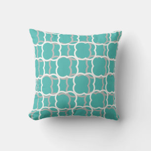 Quatrefoil Teal Blue Grey Gray White Patterns Gift Throw Pillow