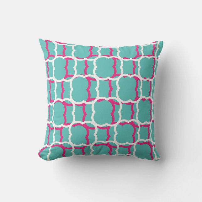 Quatrefoil Teal Blue Pink White Patterns Cute Gift Outdoor Pillow (Front)