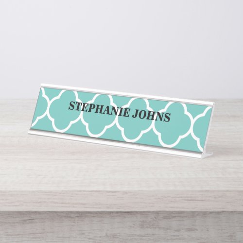 Quatrefoil Teal Blue White Name Text Template Cool Desk Name Plate