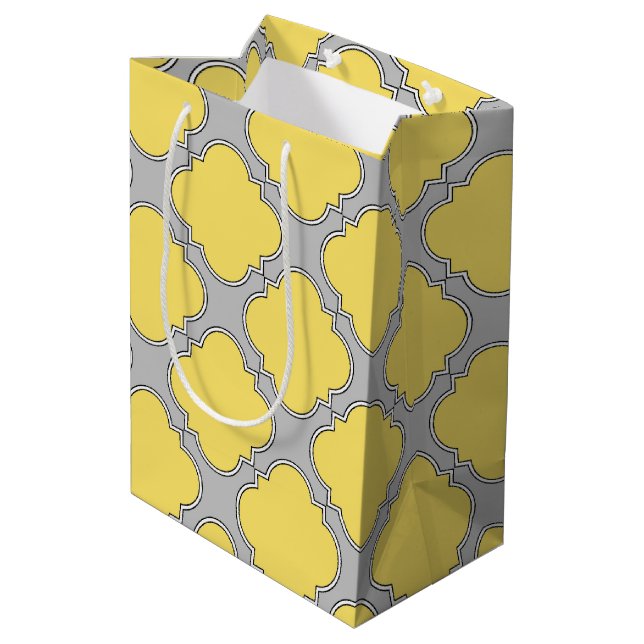 Quatrefoil yellow and gray medium gift bag (Back Angled)