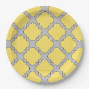 Quatrefoil yellow and gray paper plates