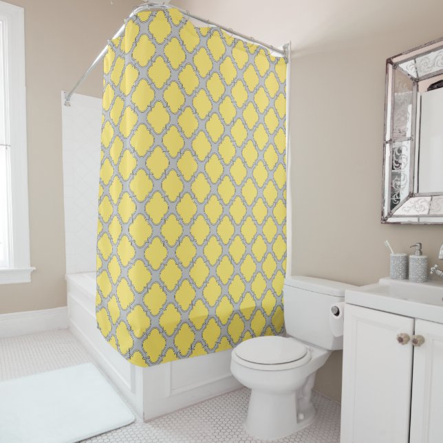 Quatrefoil yellow and gray shower curtain (In Situ)