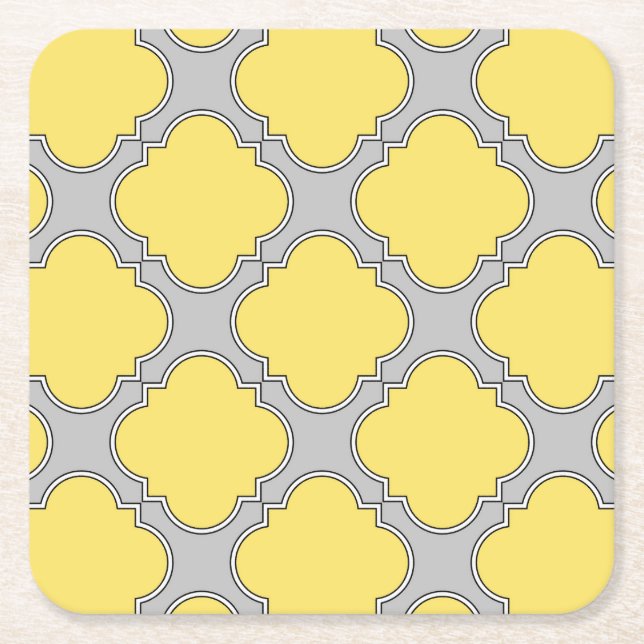Quatrefoil yellow and gray square paper coaster (Front)
