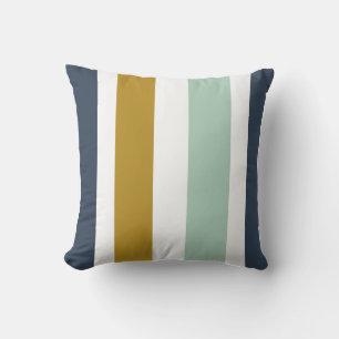 Quattro Stripe in Navy Blue, Celadon, Ochre, White Throw Pillow