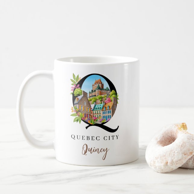 Quebec City Monogram Letter Q Personalized Gift Coffee Mug (With Donut)