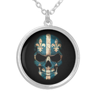 Quebec Flag Skull on Black Silver Plated Necklace