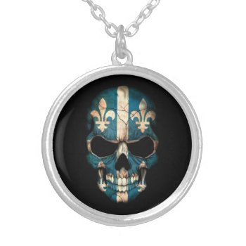 Quebec Flag Skull On Black Silver Plated Necklace by JeffBartels at Zazzle