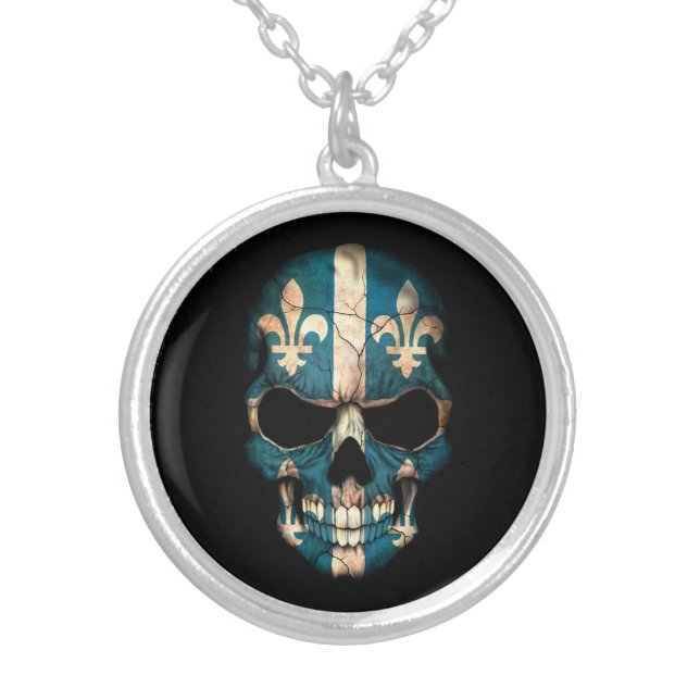 Quebec Flag Skull on Black Silver Plated Necklace (Front)