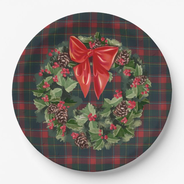 Quebec  Provincial Tartan Christmas Wreath Paper Plates (Front)