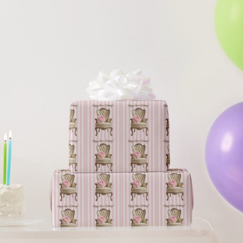 Queen Anne wing chair Pink Peony  Wrapping Paper
