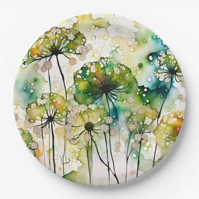 Queen Anne's Lace and Bubbles Abstract Paper Plates (Front)