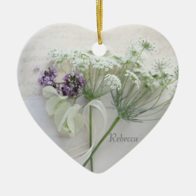 Queen Anne's lace with script Ceramic Ornament (Front)