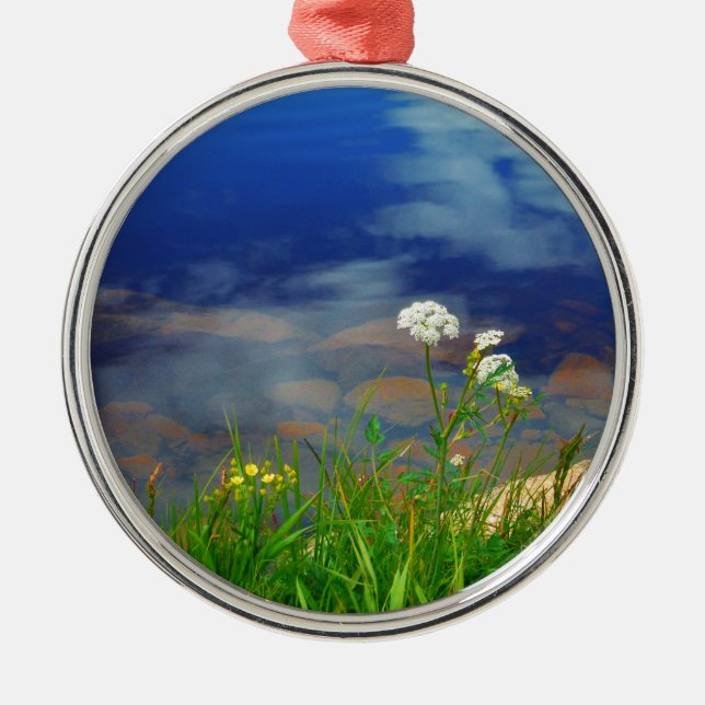 Queen Ann's lace flowers, blue mountain lake Metal Ornament (Front)