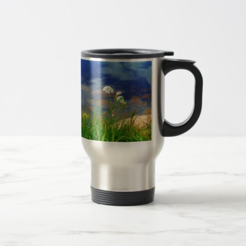 Queen Anns lace flowers blue mountain lake Travel Mug