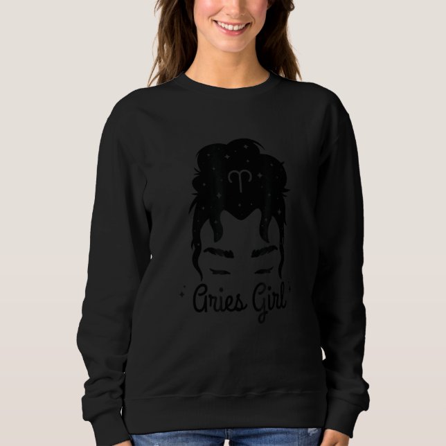 Queen Aries Girl Messy Bun Zodiac Symbol Sign Cost Sweatshirt (Front)
