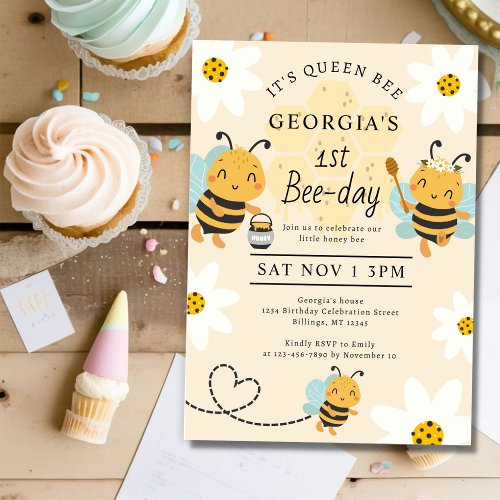 Queen Bee 1st Bee_day Birthday Party Invitation