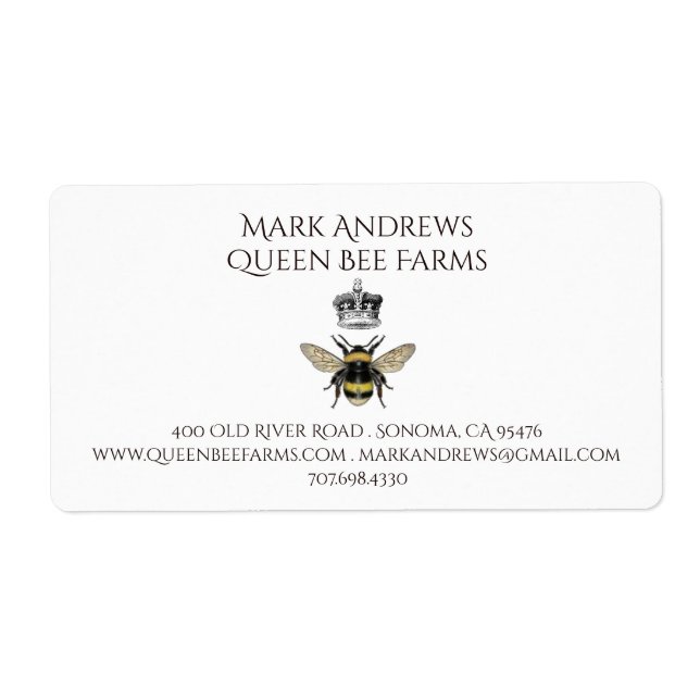 Queen Bee And Crown Farm Or Apiary Label (Front)