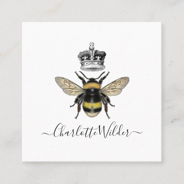 Queen Bee And Crown Handwritten Signature On White Calling Card (Front)