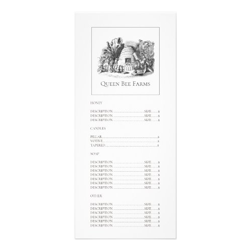 Queen Bee And Hive Garden Bee Products Price List Rack Card