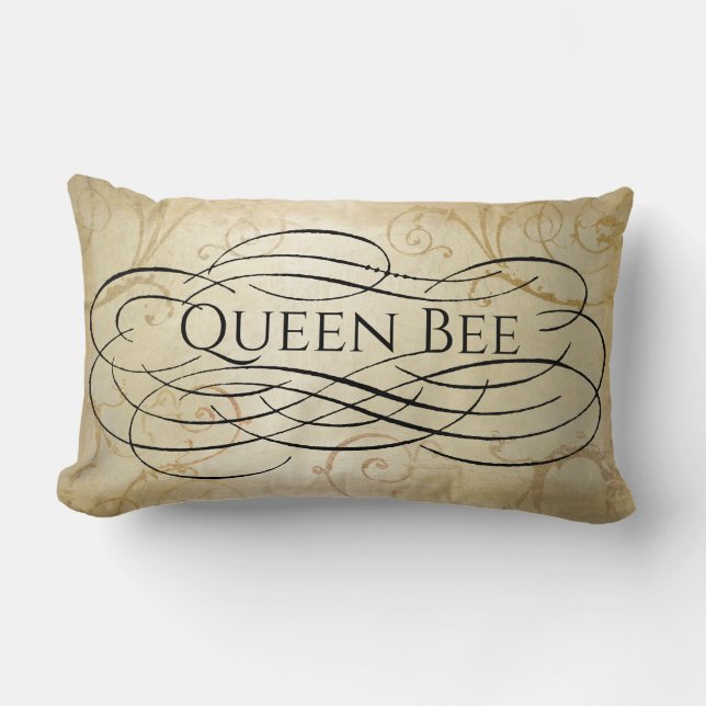Queen Bee Black Typography Gold Damask Lumbar Pillow (Front)