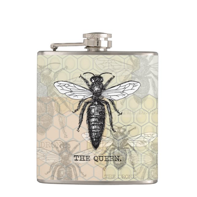 Queen Bee Bug Insect Antique Illustration Flask (Front)