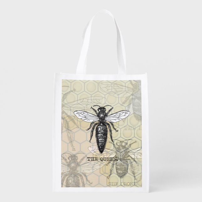 Queen Bee Bug Insect Antique Illustration Reusable Grocery Bag (Back)