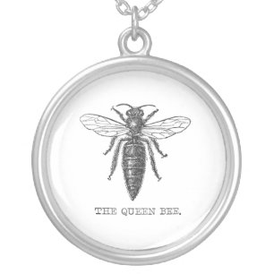 Queen Bee Bug Insect Antique Illustration Silver Plated Necklace
