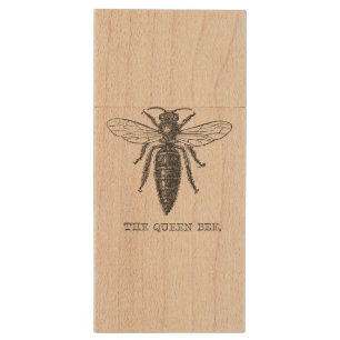 Queen Bee Bug Insect Antique Illustration Wood Flash Drive