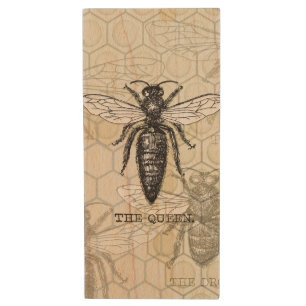 Queen Bee Bug Insect Antique Illustration Wood USB Flash Drive