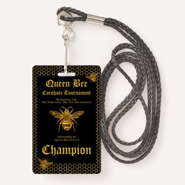 Queen Bee Cornhole Tournament Fundraiser Champion Badge (Front with Lanyard)