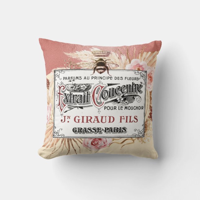 Queen Bee Crown French Antique Rose Gold Pink Foil Throw Pillow (Front)