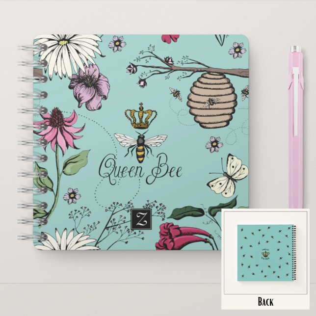 Queen Bee & Crown Turquoise Floral Monogram Notebook (Royal Queen Bee Hand-Drawn Design & Monogram
On the Back: Pattern & Editable "Mommy You Rule" Text)