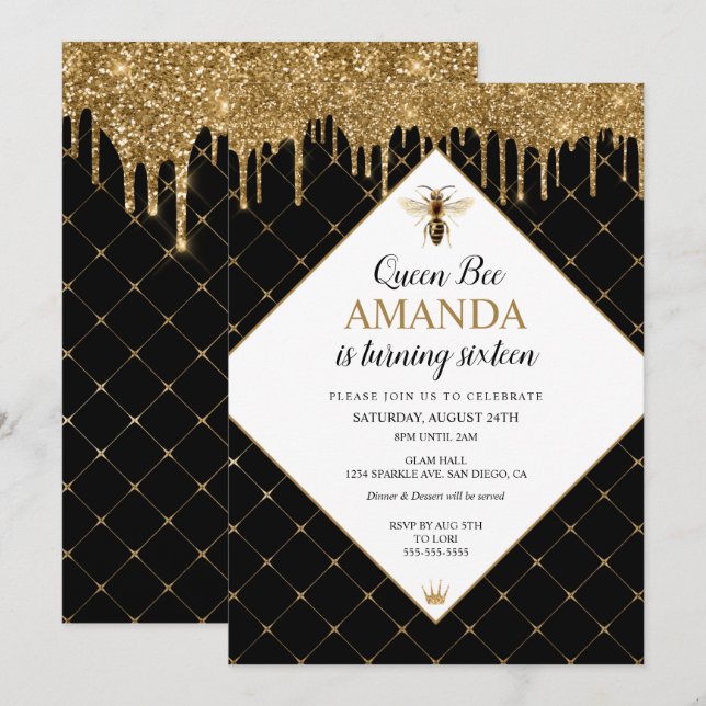 Queen Bee Dripping Honey Birthday Invitation (Front/Back)