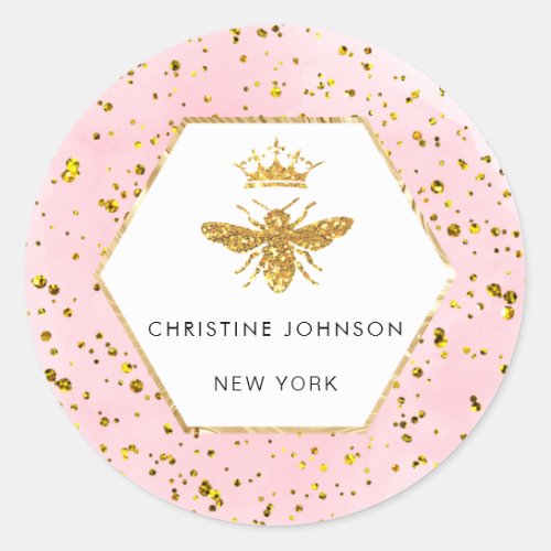  queen bee faux glitter pink watercolor classic round sticker