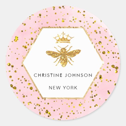 queen bee faux glitter pink watercolor classic round sticker