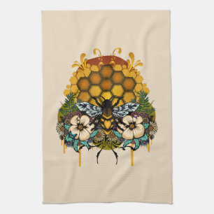 Queen Bee Floral Honeycomb Botanical Garden Kitchen Towel