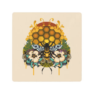Queen Bee Floral Honeycomb Botanical Garden Metal Print