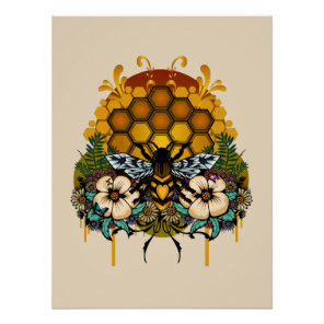 Queen Bee Floral Honeycomb Botanical Garden Poster