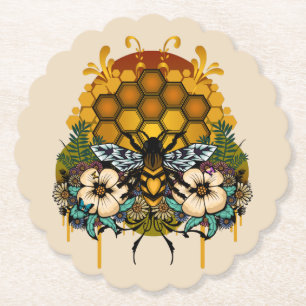 Queen Bee Floral Honeycomb Elegant Botanical Paper Coaster