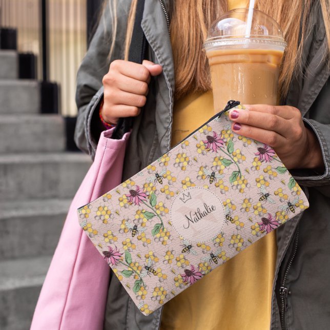 Queen Bee Floral Monogram Rose Gold Modern Accessory Pouch (Elegant Buzzing Royal Queen Bee, Honeycomb & Pink Flowers Pattern with Custom Monogram and Name)