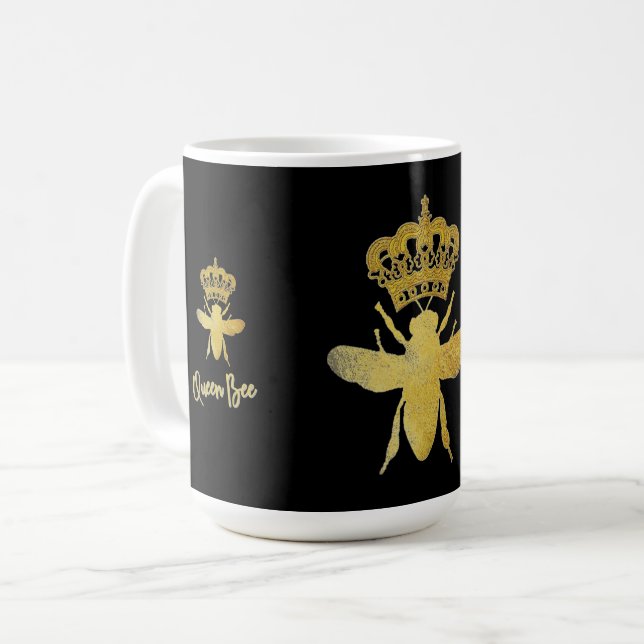 QUEEN BEE Gold Black and White Mug (Front Left)