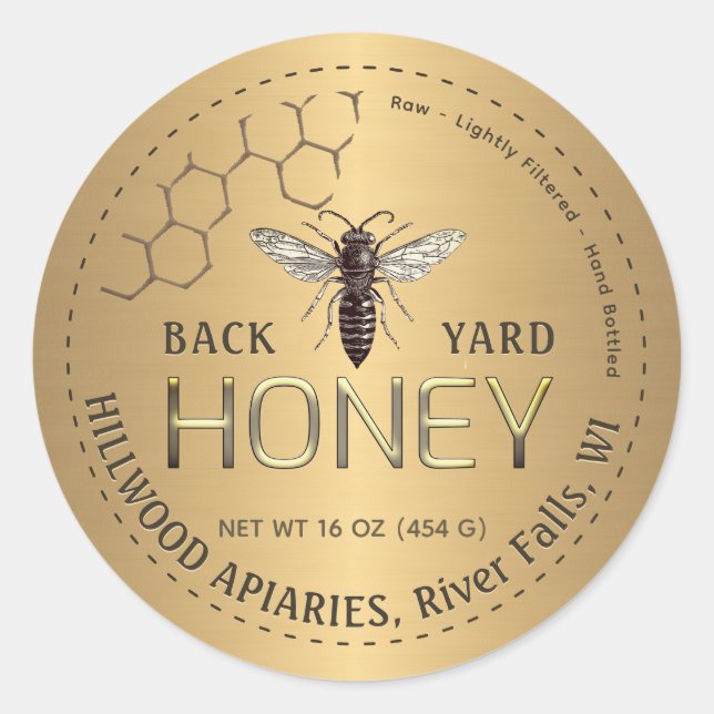 Queen Bee Gold Honey Jar Label Raw Back Yard Honey (Front)