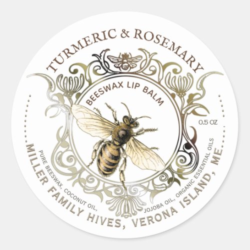 Queen Bee Gold Ornate Frame Beeswax Lip Balm Classic Round Sticker
