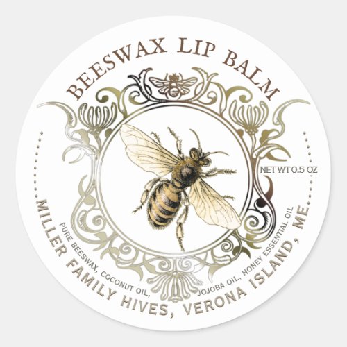 Queen Bee Gold Ornate Frame Beeswax Lip Balm Classic Round Sticker