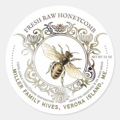 Queen Bee Gold Ornate Frame Fresh Raw Honeycomb Classic Round Sticker