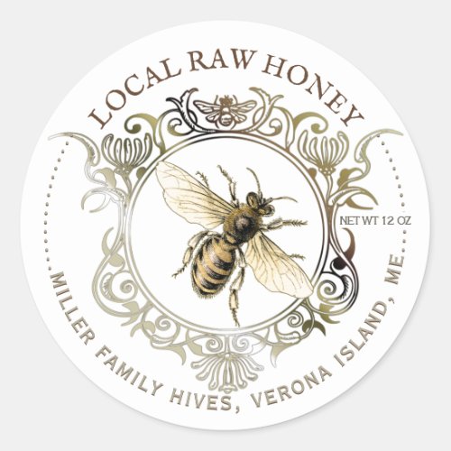 Queen Bee Gold Ornate Frame Raw Honey  Classic Round Sticker