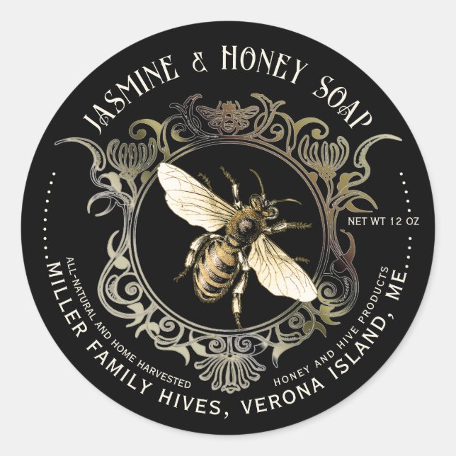Queen Bee Gold Ornate Frame SOAP Label Black (Front)