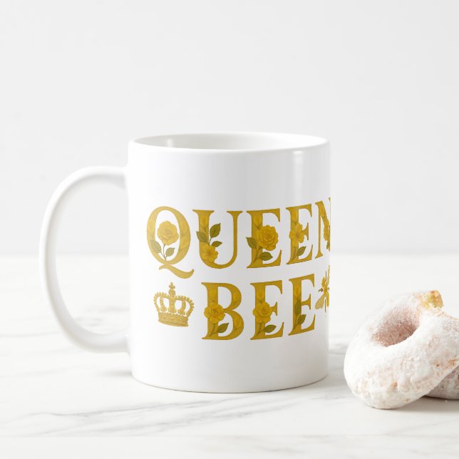 Queen Bee Gold Royal Crown Floral Honey Bee Coffee Mug (With Donut)